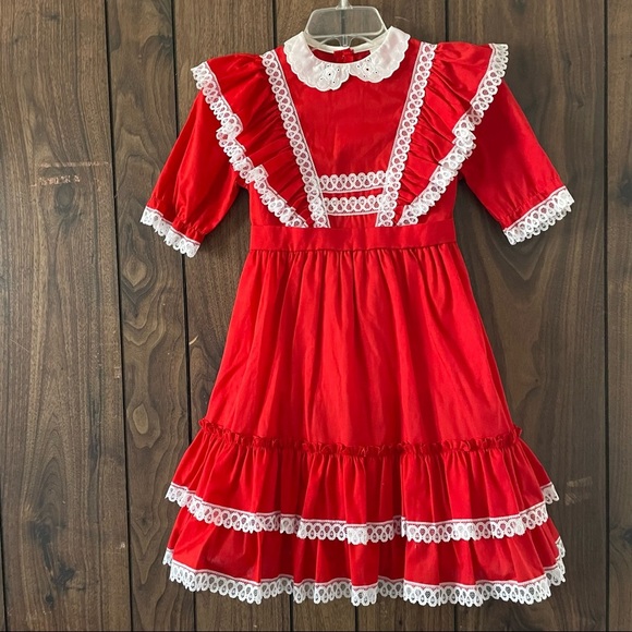 Vintage Little Princess Red/white Short Sleeve Petal Collar Lace Trim Dress 10